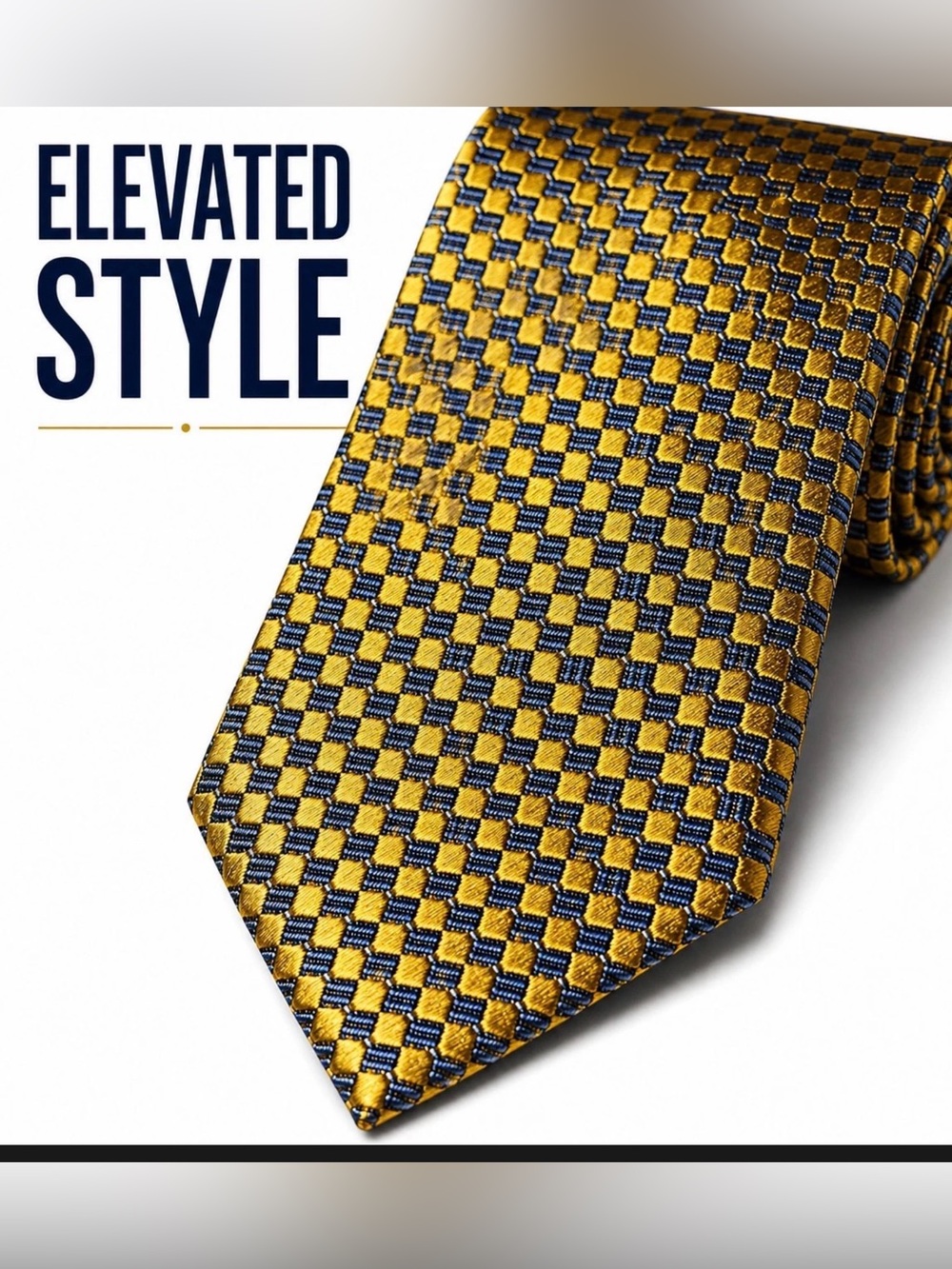 Men's Yellow and Navy Checker Geometric Tie - Elevated Style